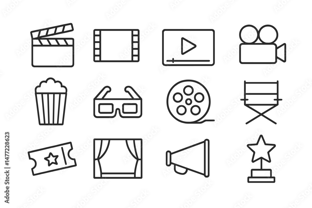 Poster set of web icons related to film, video, and entertainment featuring essential elements for digital 