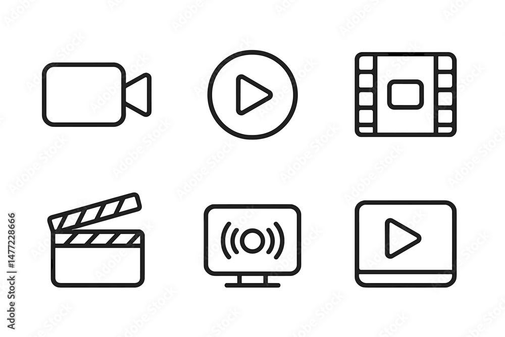 Poster Collection of simple web icons representing video and audio media including play buttons and camera symbols