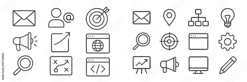 Poster collection of web icons representing communication, analytics, and digital tools for online activiti