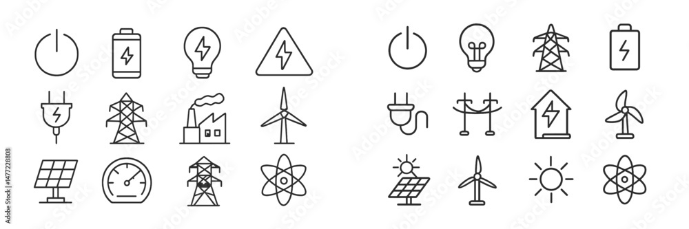 Poster set of energy-related web icons featuring various symbols for electricity, renewable energy sources,