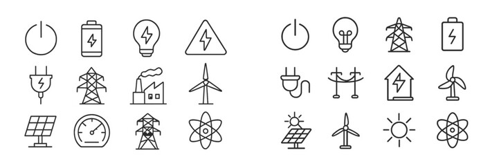 Set of energy-related web icons featuring various symbols for electricity, renewable energy sources, and power indicators