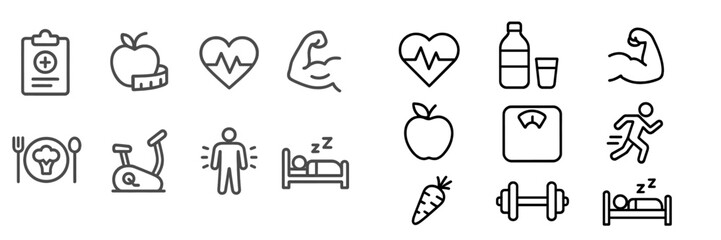 Collection of web icons representing health, fitness, nutrition, and wellness concepts in a modern design