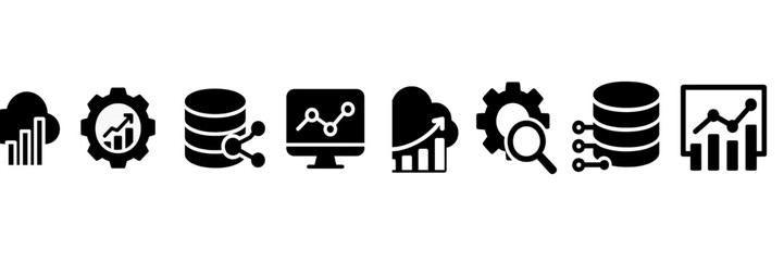 Collection of web icons representing data analytics, cloud computing, and technology tools for digital applications