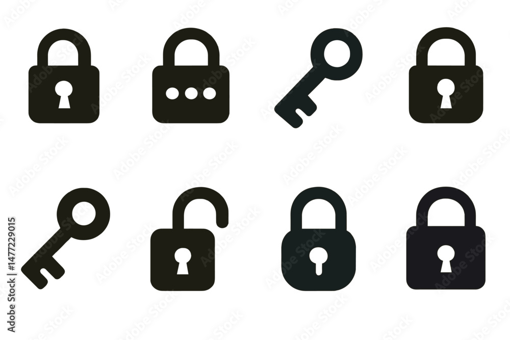 Leinwandbilder Collection of web icons featuring locks and keys in various designs for digital security representation