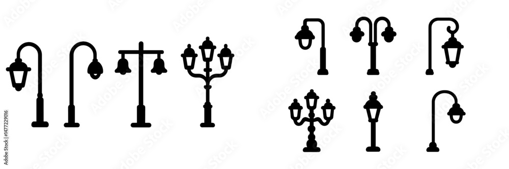 Poster collection of black silhouette web icons representing various street lamp designs in a minimal style
