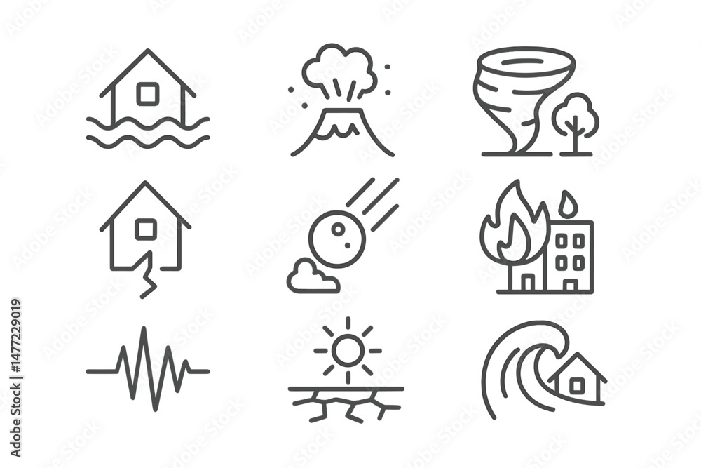 Poster set of web icons depicting natural disasters and emergency scenarios for educational and information