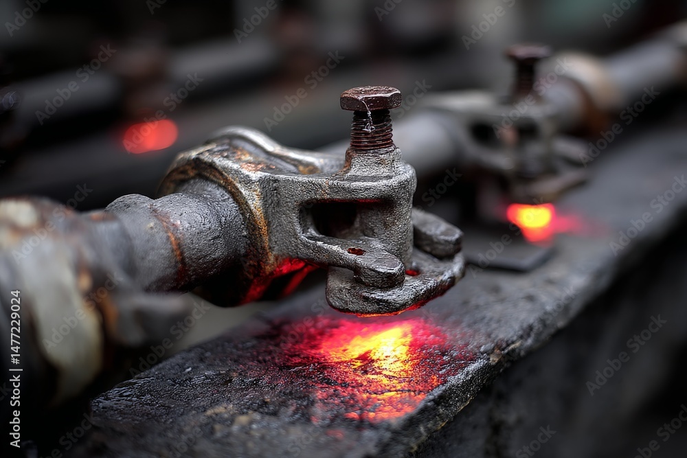 Poster rusty metallic components glowing with heat in an industrial setting during a manufacturing process
