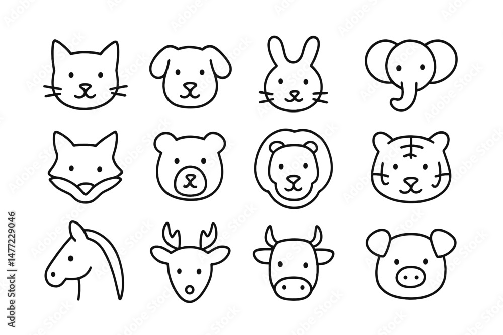 Poster Collection of simple web icons featuring various animal faces including a cat, dog, and more in minimalist design style