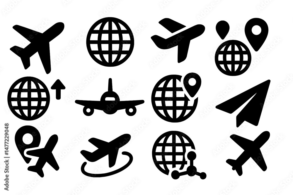 Fototapete Set of web icons representing travel, flight, and global connectivity with various designs and styles