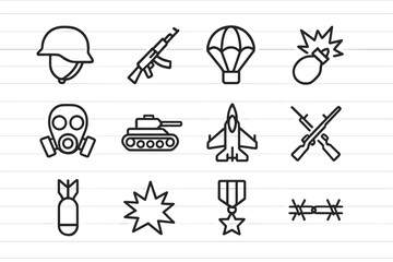 Set of military-themed web icons featuring various symbols related to warfare and defense