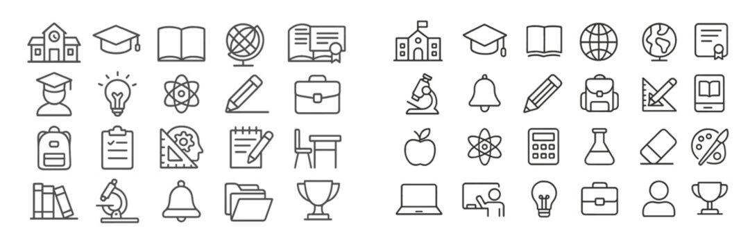 Collection of web icons illustrating education, science, and learning activities for digital platforms