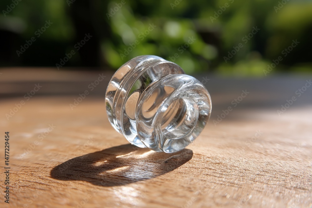Fototapete clear glass object resting on a wooden surface with natural sunlight creating soft shadows