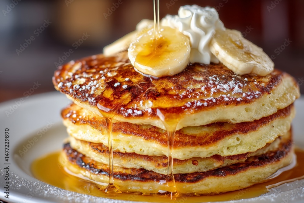 Poster fluffy pancakes topped with banana slices and whipped cream served with maple syrup