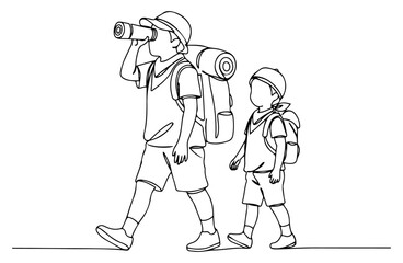 Two children hiking, one looking through binoculars with both carrying backpacks, line art drawing style. vector illustration