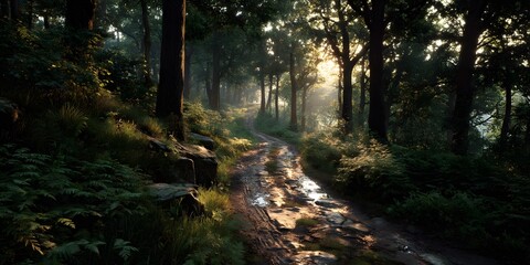Obraz premium Sun-dappled muddy path winds through dense forest during golden hour. Warm sunlight filters through canopy. Tall trees line path. Realistic nature photo.