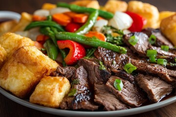 Flavorful beef dish accompanied by vibrant vegetables served on a plate at a dining table