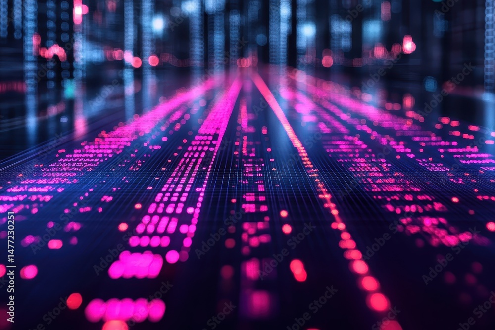 Poster digital landscape with vibrant lines and patterns in futuristic data visualization