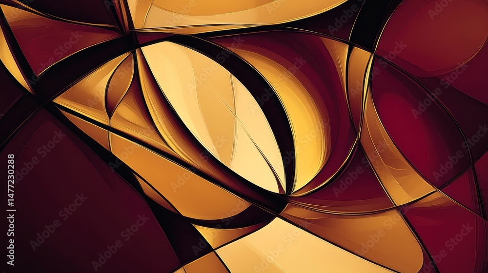 Poster Abstract art with rich, deep red and gold tones, featuring curved, intersecting shapes creating a dynamic composition.