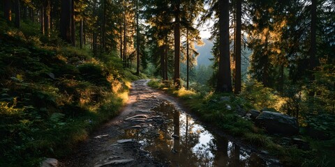 Obraz premium Sun-dappled muddy path winds through dense forest during golden hour. Warm sunlight filters through canopy. Tall trees line path. Realistic nature photo.