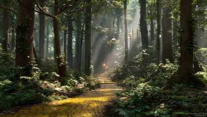 Obraz premium Serene Forest Path Sunlight Streaming Through Ancient Trees, A Dreamy, Verdant Escape