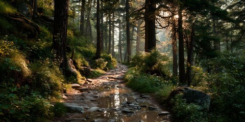 Obraz premium Sun-dappled muddy path winds through dense forest during golden hour. Warm sunlight filters through canopy. Tall trees line path. Realistic nature photo.