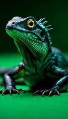 Fototapeta premium Detailed Green Basilisk Lizard Close Up with Scale Texture on Green Background and Sharp Claws Isolated