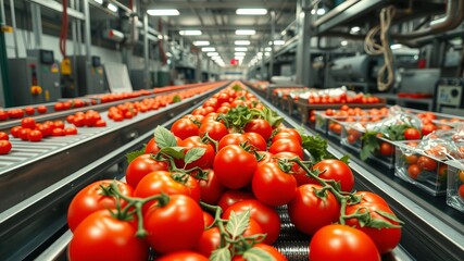 Red ripe tomatoes moving along a modern food processing factory conveyor belt system for packaging and distribution.