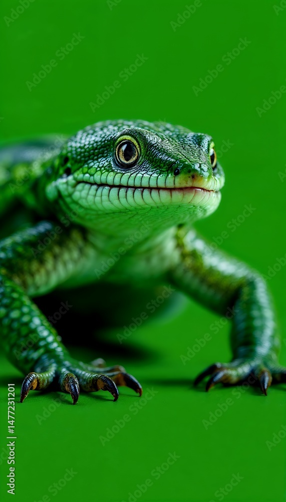 Poster detailed green lizard close up isolated by green screen with scaly skin and sharp claws in macro vie