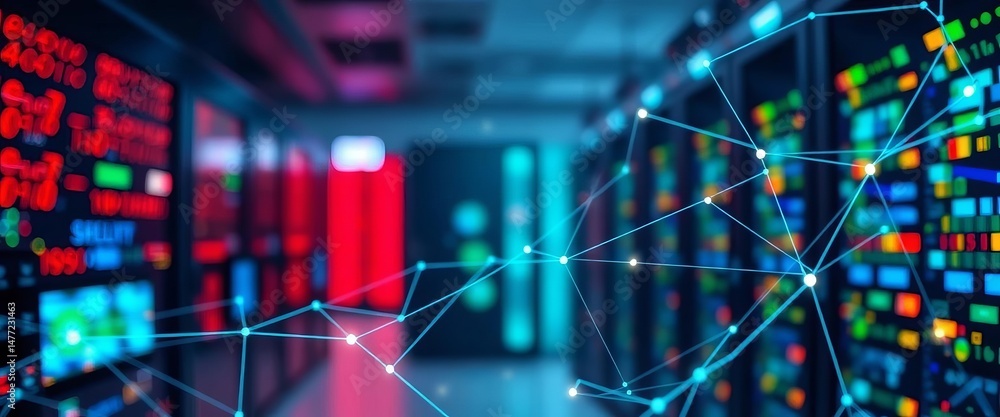 Aufkleber abstract network data flow visualized over blurred server room background, network, cloud