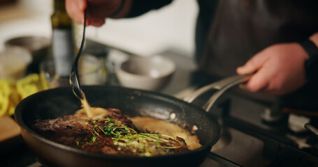 Hands, cooking and chef with pot, meal and preparation for dinner in kitchen, cuisine and...