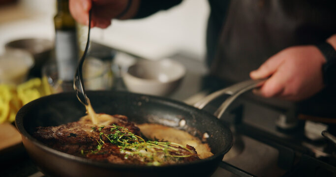 Hands, cooking and chef with pot, meal and preparation for dinner in kitchen, cuisine and restaurant. Catering, employee and person with food for supper, hospitality and skills for gourmet in diner