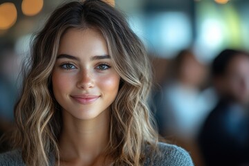 Young woman smiles warmly in a bustling cafe during afternoon hours surrounded by a lively atmosphere