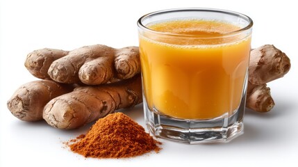 A glass of orange juice is next to a pile of ginger