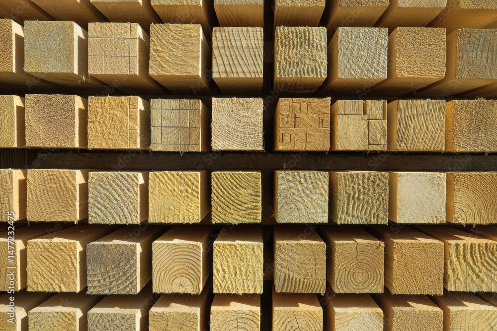Poster stacked wooden beams viewed from the end, showcasing different grain patterns and textures in a neat