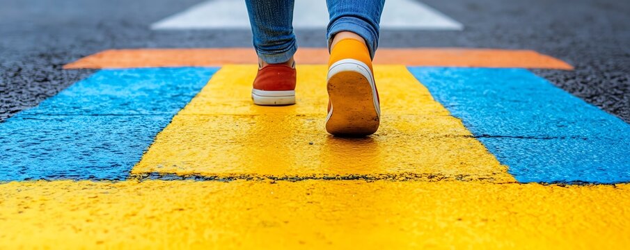 A vibrant painted crosswalk with colorful patterns and legs of pedestrians walking over it, symbolizing urban art and movement.
