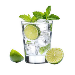 A refreshing drink with lime and mint leaves in a glass with ice cubes on a transparent background