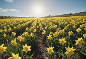 Fototapeta premium Expansive field of daffodils, sunny day, clear blue sky above, sunny, fresh, day