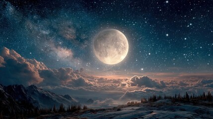Full moon shines over a landscape with clouds and stars in the night.