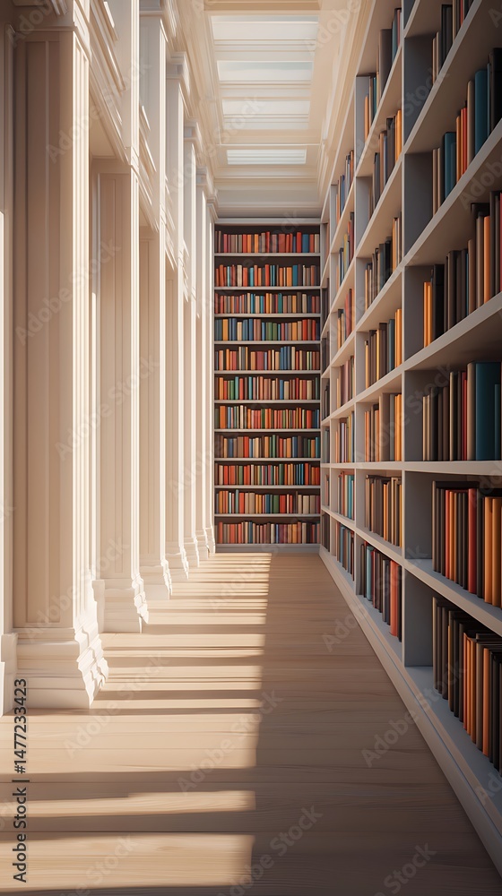 Poster sunlight streams through tall windows, illuminating elegant columns and bookshelves filled with colo
