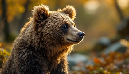 Obraz premium Detailed Portrait of a Brown Bear in an Autumn Forest Warm Natural Lighting