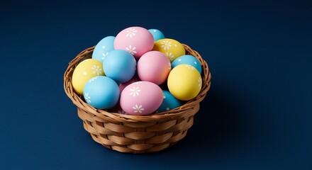 Pastel Easter Eggs in Wicker Basket on Dark Blue Background
