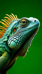 Obraz premium Detailed Portrait of a Green Iguana with Orange Scales on Plain Green Background Showing Intricate Texture in Eye Level