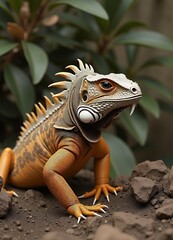 Fototapeta premium Detailed Portrait of a Orange Spiny Iguana on Soil with Lush Green Leaf Background