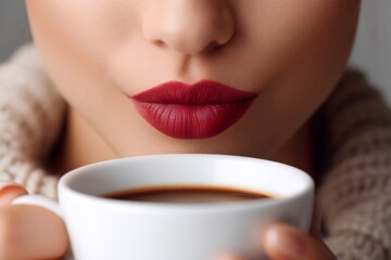 Woman with red lipstick drinking hot coffee from white cup