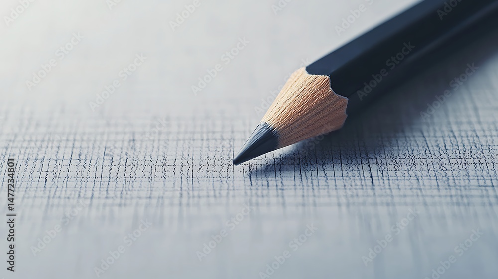 Poster a sharpened pencil rests on textured paper with fine graphite marks and soft focus background.