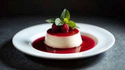 Vanilla panna cotta served on a white plate with a glossy raspberry coulis and fresh mint garnish, soft focus background and moody shadows, food professional photography, cinematic