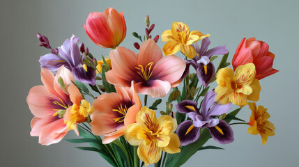 Naklejka premium A vibrant and colorful arrangement of handmade paper flowers including tulips, irises, and lilies, showcasing intricate details against a light background so lovely.