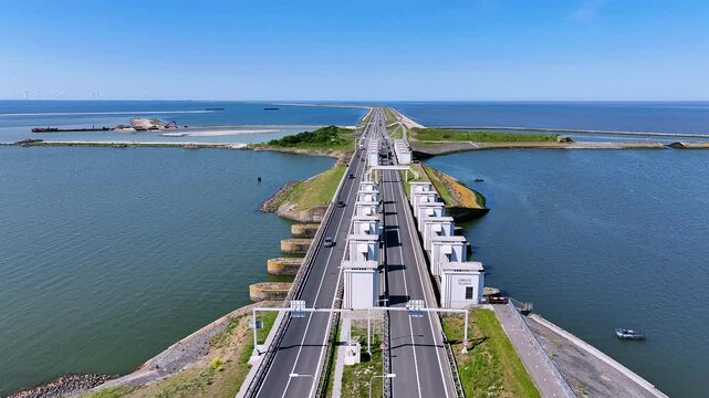 Aerial from the Lorentz sluices at Kornwerderzand on the Afsluitdijk in the Netherlands