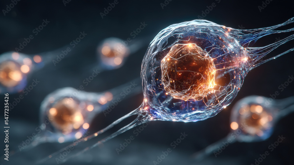 Poster futuristic interpretation of cells with glowing nuclei and intricate structures, showcasing