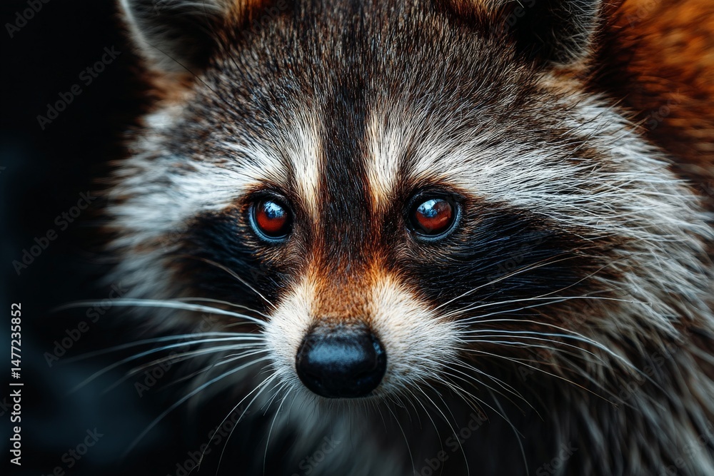 Aufkleber Close-up view of a raccoon showcasing intricate fur patterns and expressive eyes during twilight in a forested area